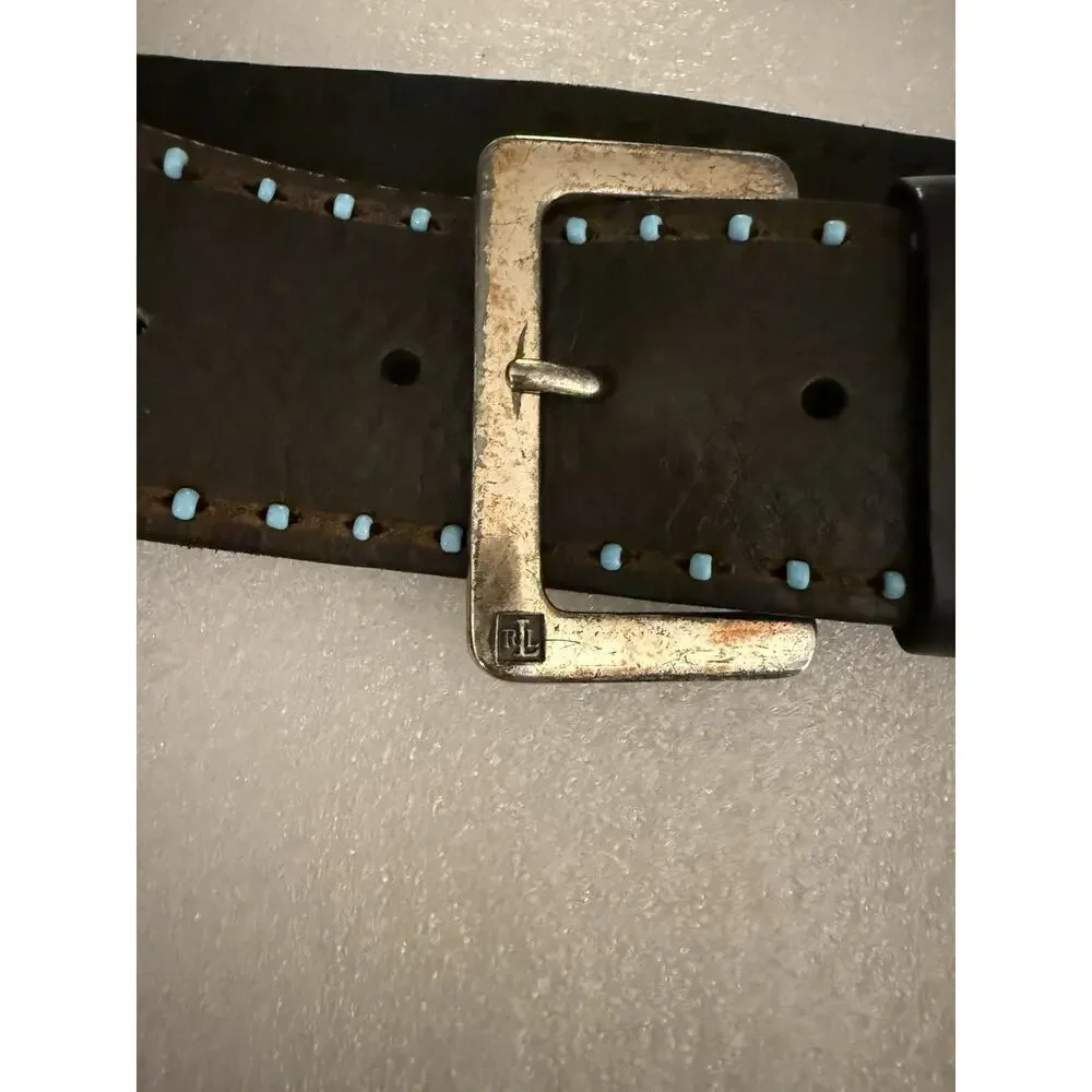 VTG Lauren Ralph Lauren Turquoise Color Beads Leather Black Belt Boho Western L